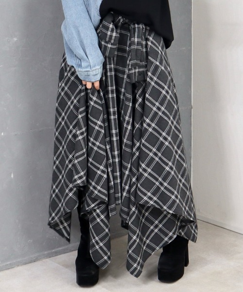 CECIL McBEE(セシルマクビー)の「シャツ巻き風チェック柄スカート(スカート・レディース・ブラック/グレー/ブルー・MEDIUM/LARGE)」の4枚目の写真