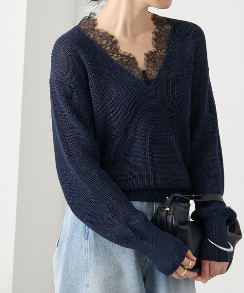 RIVE DROITE（リヴドロワ）の「予約【トレンド感抜群】ペーパーヤーンレース衿ニット（ニット/セーター・レディース・モカ/ネイビー/オフホワイト・FREE）」の3枚目の写真