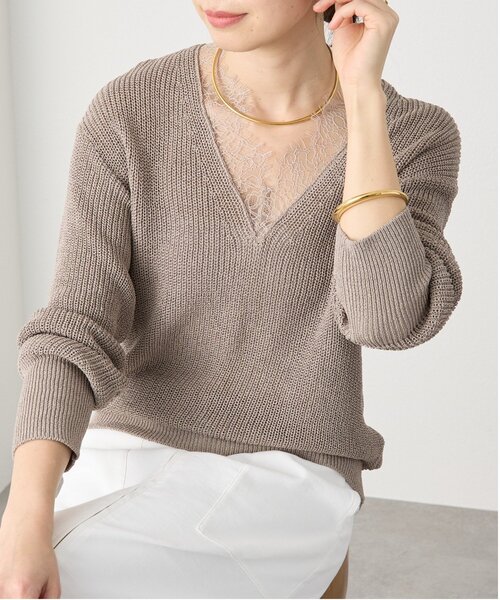 RIVE DROITE（リヴドロワ）の「予約【トレンド感抜群】ペーパーヤーンレース衿ニット（ニット/セーター・レディース・モカ/ネイビー/オフホワイト・FREE）」の2枚目の写真