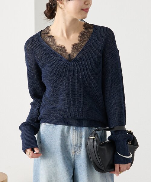 RIVE DROITE（リヴドロワ）の「予約【トレンド感抜群】ペーパーヤーンレース衿ニット（ニット/セーター・レディース・モカ/ネイビー/オフホワイト・FREE）」の18枚目の写真