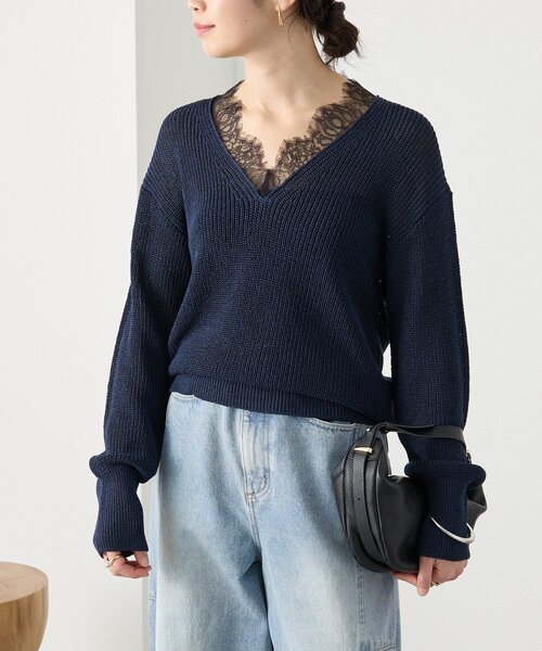 RIVE DROITE（リヴドロワ）の「予約【トレンド感抜群】ペーパーヤーンレース衿ニット（ニット/セーター・レディース・モカ/ネイビー/オフホワイト・FREE）」の17枚目の写真