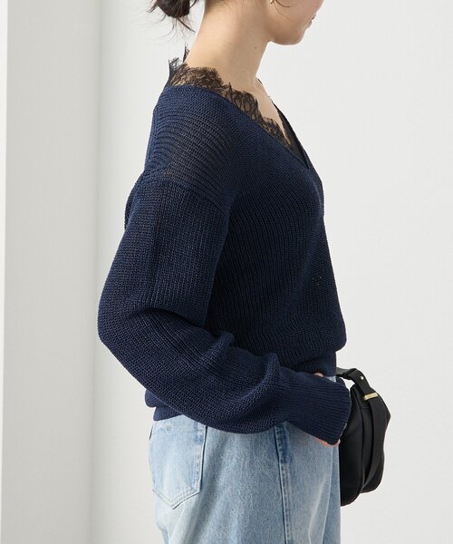 RIVE DROITE（リヴドロワ）の「予約【トレンド感抜群】ペーパーヤーンレース衿ニット（ニット/セーター・レディース・モカ/ネイビー/オフホワイト・FREE）」の16枚目の写真