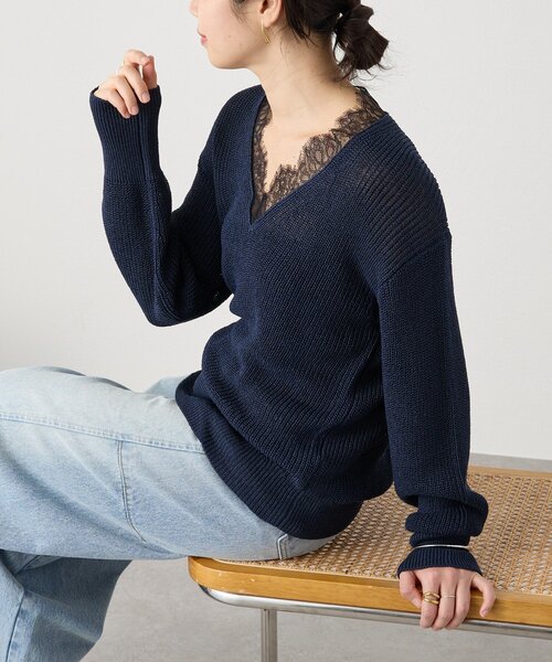 RIVE DROITE（リヴドロワ）の「予約【トレンド感抜群】ペーパーヤーンレース衿ニット（ニット/セーター・レディース・モカ/ネイビー/オフホワイト・FREE）」の14枚目の写真