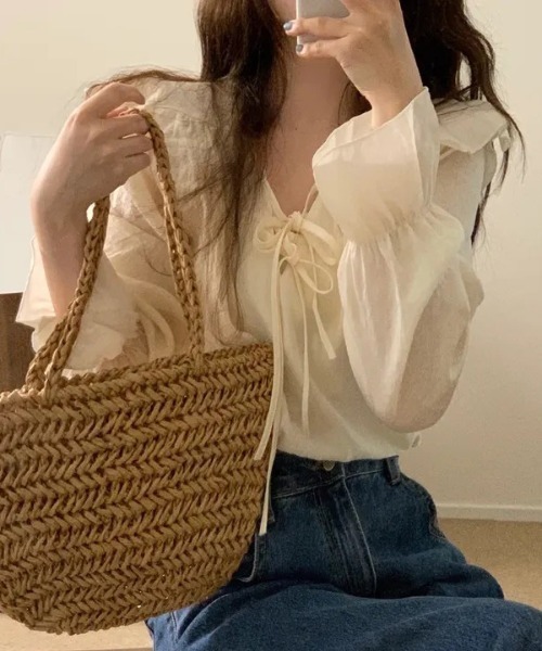 WEGO(ウィゴー)の「リボンフリルシアーブラウス(シャツ/ブラウス・レディース・アイボリー/ピンク・MEDIUM/LARGE)」の6枚目の写真