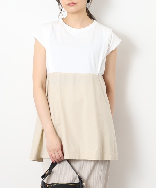 EGLANTINE(エグランティーヌ)の「EGLANTINE 配色フレアカットソー 半端袖(Tシャツ/カットソー・レディース・オフホワイト/ブラック/ベージュ・40)」の1枚目の写真