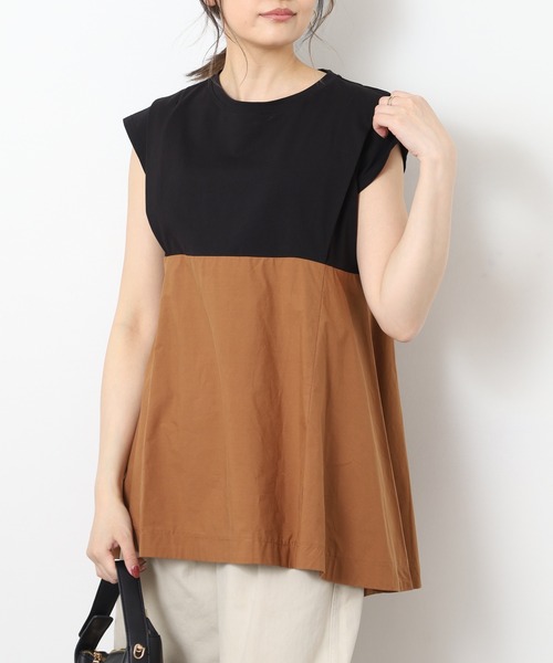 EGLANTINE(エグランティーヌ)の「EGLANTINE 配色フレアカットソー 半端袖(Tシャツ/カットソー・レディース・オフホワイト/ブラック/ベージュ・40)」の2枚目の写真