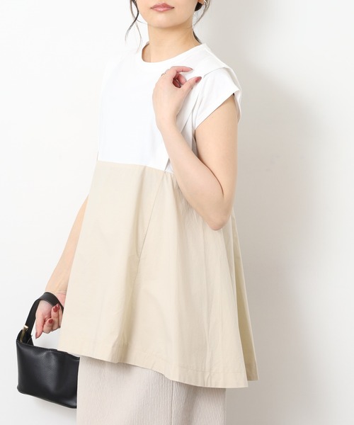 EGLANTINE(エグランティーヌ)の「EGLANTINE 配色フレアカットソー 半端袖(Tシャツ/カットソー・レディース・オフホワイト/ブラック/ベージュ・40)」の4枚目の写真