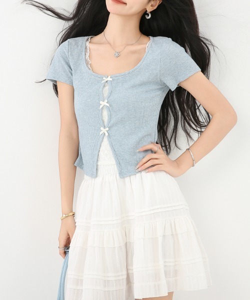 AMAJI(アマジ)の「【爽やか】ミニリボン トップス / 韓国ファッション / 大人ナチュラル / 2026 SS(Tシャツ/カットソー・レディース・ライトブルー・X-LARGE/LARGE/MEDIUM/SMALL)」の4枚目の写真