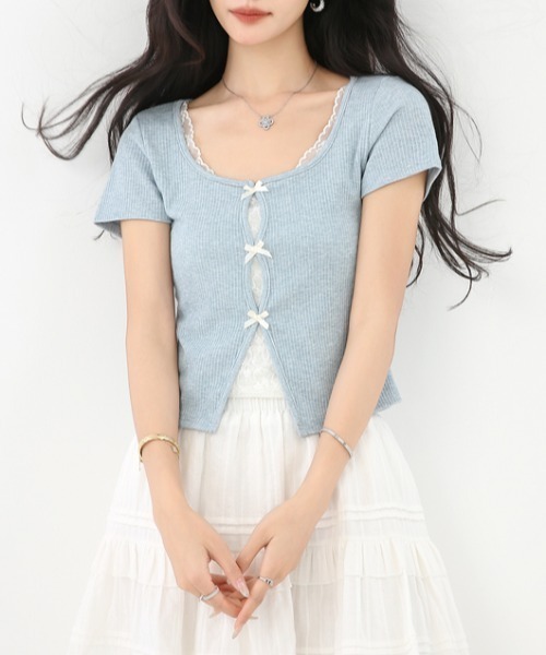 AMAJI(アマジ)の「【爽やか】ミニリボン トップス / 韓国ファッション / 大人ナチュラル / 2026 SS(Tシャツ/カットソー・レディース・ライトブルー・X-LARGE/LARGE/MEDIUM/SMALL)」の5枚目の写真