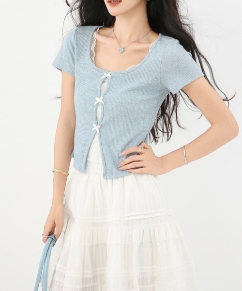 AMAJI(アマジ)の「【爽やか】ミニリボン トップス / 韓国ファッション / 大人ナチュラル / 2026 SS(Tシャツ/カットソー・レディース・ライトブルー・X-LARGE/LARGE/MEDIUM/SMALL)」の11枚目の写真
