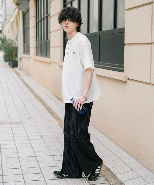FOX刺繡鹿子布亨利領短袖T恤
