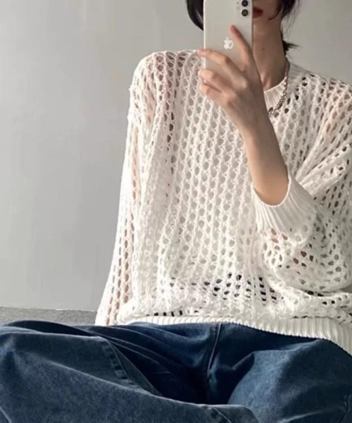 maison de LATIR(メゾンドラティール)の「着るだけでサマ見え。メッシュニット(ニット/セーター・レディース・ホワイト/カーキ/ブラック・FREE)」の5枚目の写真