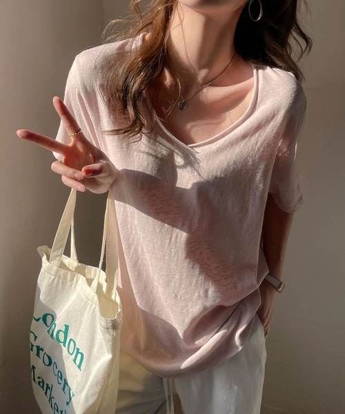 yuue' ( wear )(ユーイ)の「Vネックルーズ半袖Tシャツ/スラブライクTシャツ(Tシャツ/カットソー・レディース・ブラック/ピンク/ホワイト・FREE)」の7枚目の写真