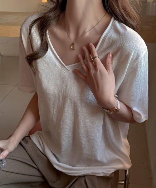 yuue' ( wear )(ユーイ)の「Vネックルーズ半袖Tシャツ/スラブライクTシャツ(Tシャツ/カットソー・レディース・ブラック/ピンク/ホワイト・FREE)」の12枚目の写真