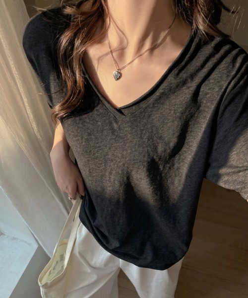 yuue' ( wear )(ユーイ)の「Vネックルーズ半袖Tシャツ/スラブライクTシャツ(Tシャツ/カットソー・レディース・ブラック/ピンク/ホワイト・FREE)」の10枚目の写真