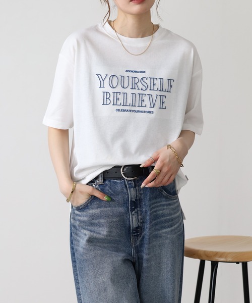 FUNALIVE(ファンアライブ)の「立体チェーン刺繍 六分袖Tシャツ(Tシャツ/カットソー・レディース・杢グレー/オフホワイト/チャコールグレー・L/M)」の4枚目の写真