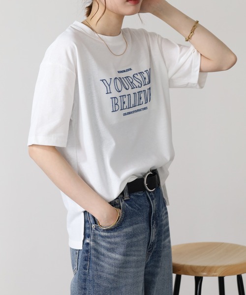 FUNALIVE(ファンアライブ)の「立体チェーン刺繍 六分袖Tシャツ(Tシャツ/カットソー・レディース・杢グレー/オフホワイト/チャコールグレー・L/M)」の5枚目の写真