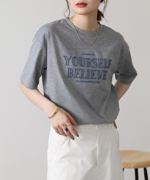 FUNALIVE(ファンアライブ)の「立体チェーン刺繍 六分袖Tシャツ(Tシャツ/カットソー・レディース・杢グレー/オフホワイト/チャコールグレー・L/M)」の17枚目の写真
