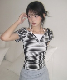 ホルタードッキングボーダーVネックヘンリー半袖Tシャツ