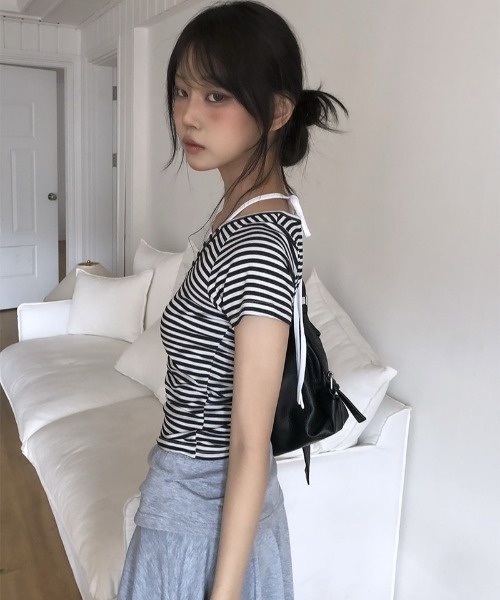 anyonemore（エニワンモア）の「ホルタードッキングボーダーVネックヘンリー半袖Tシャツ（Tシャツ/カットソー・レディース・ブラック・FREE）」の8枚目の写真