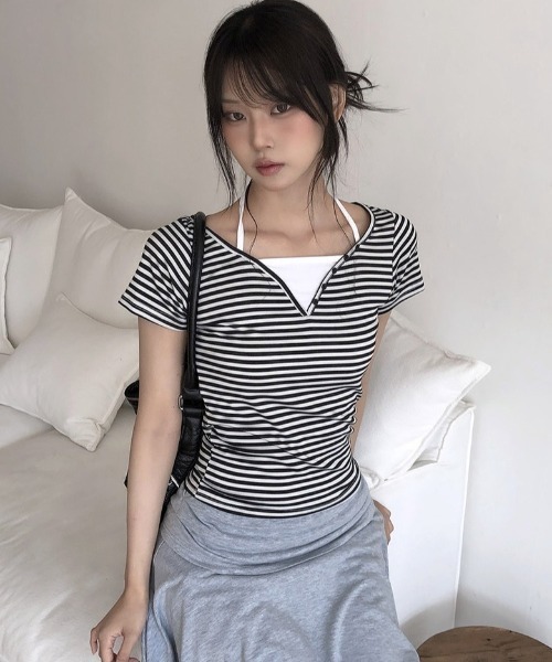 anyonemore（エニワンモア）の「ホルタードッキングボーダーVネックヘンリー半袖Tシャツ（Tシャツ/カットソー・レディース・ブラック・FREE）」の6枚目の写真