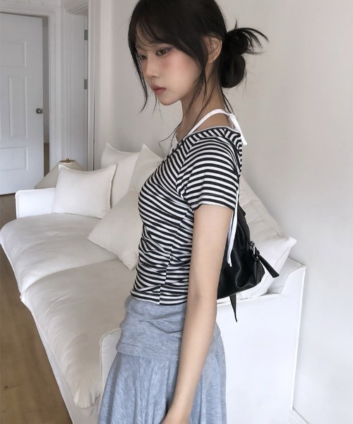 anyonemore（エニワンモア）の「ホルタードッキングボーダーVネックヘンリー半袖Tシャツ（Tシャツ/カットソー・レディース・ブラック・FREE）」の7枚目の写真