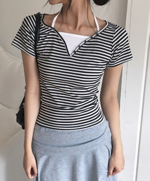 anyonemore（エニワンモア）の「ホルタードッキングボーダーVネックヘンリー半袖Tシャツ（Tシャツ/カットソー・レディース・ブラック・FREE）」の2枚目の写真