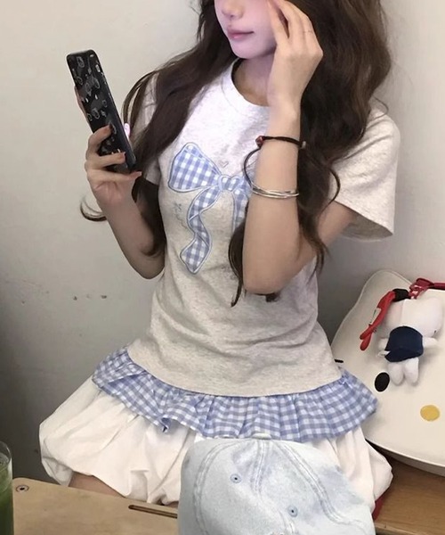 meJane(ミージェーン)の「ギンガムチェックリボン レイヤードライクTシャツ(Tシャツ/カットソー・レディース・霜降りグレー・FREE)」の2枚目の写真