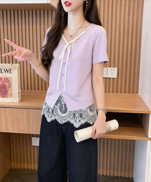 AMAJI(アマジ)の「レース切替 フロントリボン フェイクレイヤード コットン 半袖Tシャツ(Tシャツ/カットソー・レディース・パープル/ブラック・LARGE/X-LARGE/MEDIUM)」の2枚目の写真
