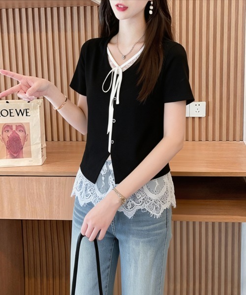 AMAJI(アマジ)の「レース切替 フロントリボン フェイクレイヤード コットン 半袖Tシャツ(Tシャツ/カットソー・レディース・パープル/ブラック・LARGE/X-LARGE/MEDIUM)」の4枚目の写真