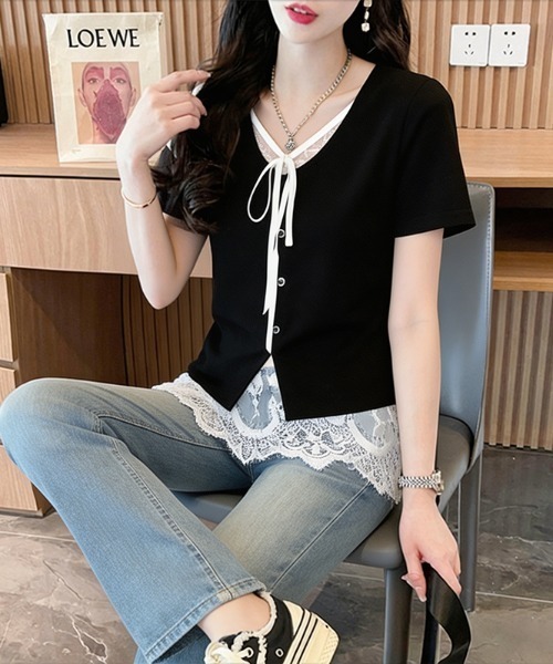 AMAJI(アマジ)の「レース切替 フロントリボン フェイクレイヤード コットン 半袖Tシャツ(Tシャツ/カットソー・レディース・パープル/ブラック・LARGE/X-LARGE/MEDIUM)」の5枚目の写真
