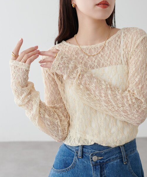 DISCOAT(ディスコート)の「レースプルオーバー(Tシャツ/カットソー・レディース・ベージュ/アイボリー/オフホワイト/ブラウン/ブラック・FREE)」の3枚目の写真