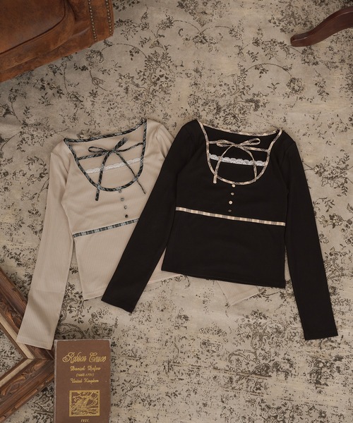 apres jour(アプレジュール)の「フロントリボンレイヤード風トップス(Tシャツ/カットソー・レディース・ベージュ/ブラック・X-LARGE/フリー)」の20枚目の写真