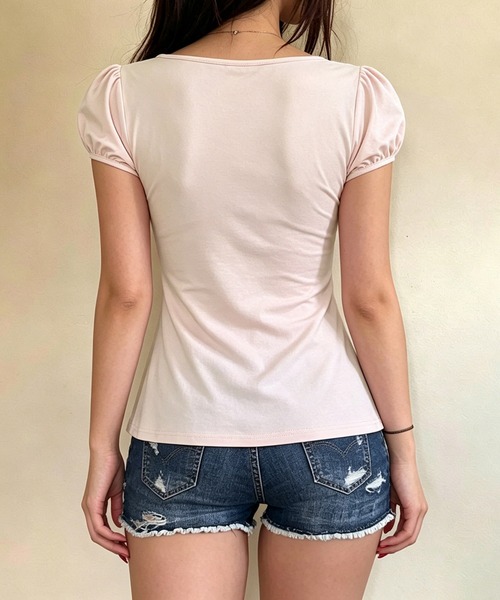 FREE STYLISTS（フリー スタイリスト）の「韓国風 ニット フェイクレイヤード パフスリーブ トップス（Tシャツ/カットソー・レディース・ピンク/ブラック・M）」の11枚目の写真
