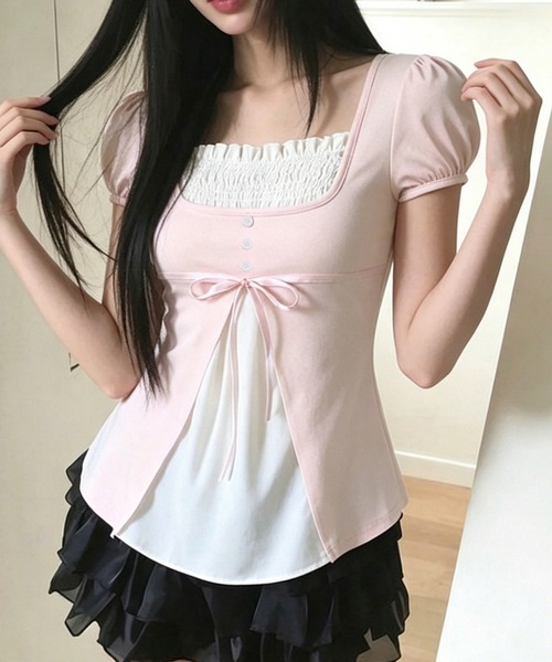 FREE STYLISTS（フリー スタイリスト）の「韓国風 ニット フェイクレイヤード パフスリーブ トップス（Tシャツ/カットソー・レディース・ピンク/ブラック・M）」の10枚目の写真