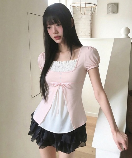 FREE STYLISTS（フリー スタイリスト）の「韓国風 ニット フェイクレイヤード パフスリーブ トップス（Tシャツ/カットソー・レディース・ピンク/ブラック・M）」の9枚目の写真