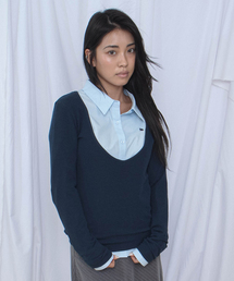 ディープVネック スリムフィット 長袖Tシャツ ネイビー
