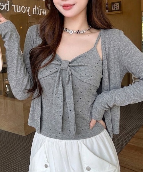 Teem Store（チームストア）の「胸元リボン ドット柄ドッキングトップス（カーディガン/ボレロ・レディース・ブラック/グレー/ホワイト・M）」の3枚目の写真
