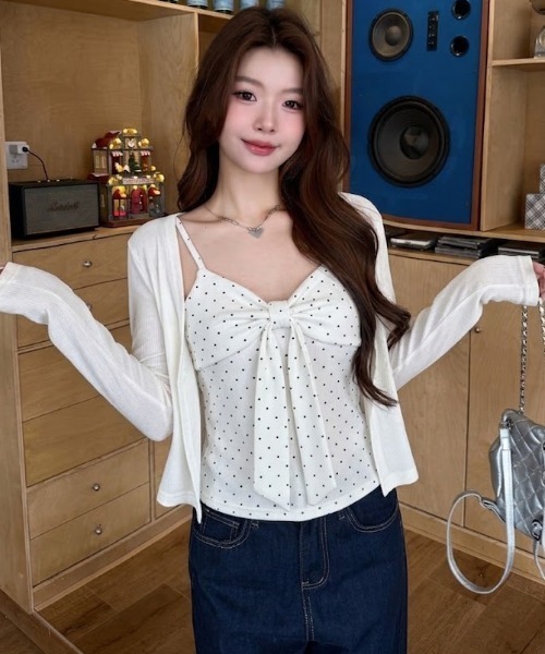 Teem Store（チームストア）の「胸元リボン ドット柄ドッキングトップス（カーディガン/ボレロ・レディース・ブラック/グレー/ホワイト・M）」の8枚目の写真