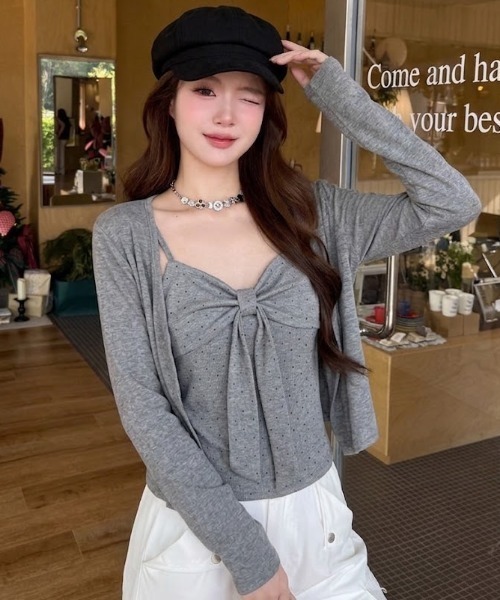 Teem Store（チームストア）の「胸元リボン ドット柄ドッキングトップス（カーディガン/ボレロ・レディース・ブラック/グレー/ホワイト・M）」の11枚目の写真