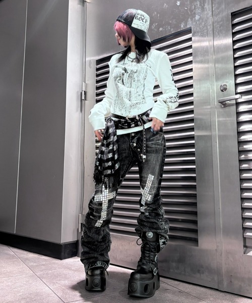 Never mind the XU / Chikashitsu+(ネバーマインド ザ エックスユー / チカシツプラス)の「【BABY09】dark waffle long sleeve / 【ベイビーナイン】ダークワッフル長袖Tシャツ(Tシャツ/カットソー・レディース・ブラック/ホワイト・M)」の7枚目の写真