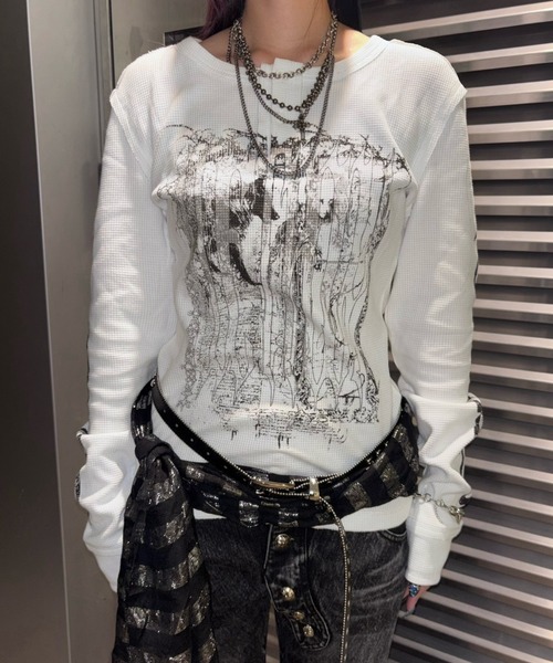 Never mind the XU / Chikashitsu+(ネバーマインド ザ エックスユー / チカシツプラス)の「【BABY09】dark waffle long sleeve / 【ベイビーナイン】ダークワッフル長袖Tシャツ(Tシャツ/カットソー・レディース・ブラック/ホワイト・M)」の9枚目の写真