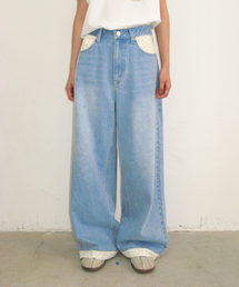 FLORAL LINED WIDE DENIM PANTS LIGHT BLUE