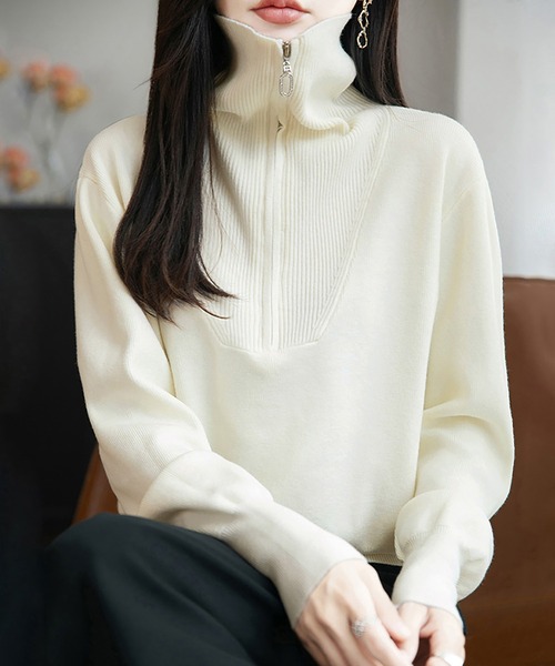 Doux Belle(ドゥーベル)の「ハーフジップリブニットトップス(ニット/セーター・レディース・オフホワイト/ネイビー/ワインレッド/ダークグレー・FREE)」の10枚目の写真