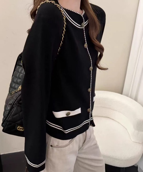 FLINEA(フリネア)の「スタンドカラー配色ニットカーディガン(カーディガン/ボレロ・レディース・ホワイト/ブラック・FREE)」の4枚目の写真