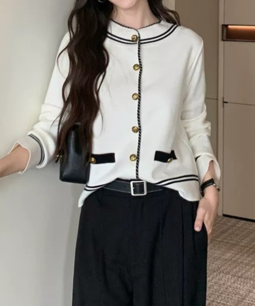 FLINEA(フリネア)の「スタンドカラー配色ニットカーディガン(カーディガン/ボレロ・レディース・ホワイト/ブラック・FREE)」の10枚目の写真