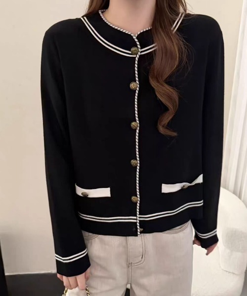 FLINEA(フリネア)の「スタンドカラー配色ニットカーディガン(カーディガン/ボレロ・レディース・ホワイト/ブラック・FREE)」の3枚目の写真