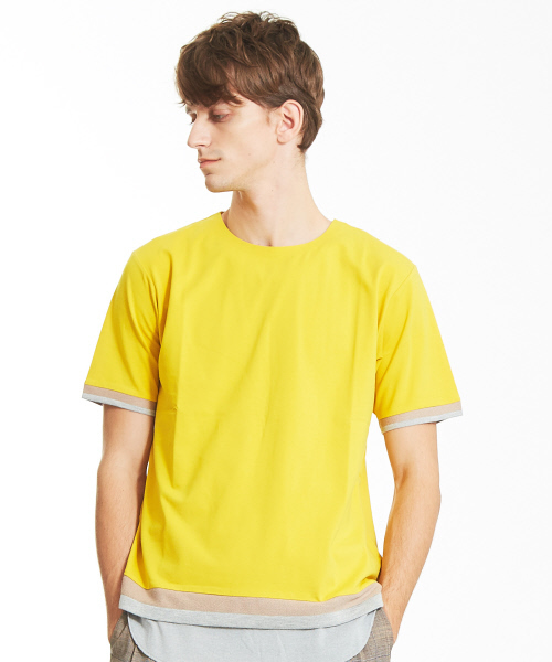 ABAHOUSE（アバハウス）の「【ノンストレス】圧着クルーネックトリムTシャツ（Tシャツ/カットソー・メンズ・ホワイト/ネイビー/イエロー・44/46/48）」の3枚目の写真