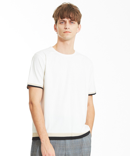 ABAHOUSE（アバハウス）の「【ノンストレス】圧着クルーネックトリムTシャツ（Tシャツ/カットソー・メンズ・ホワイト/ネイビー/イエロー・44/46/48）」の4枚目の写真