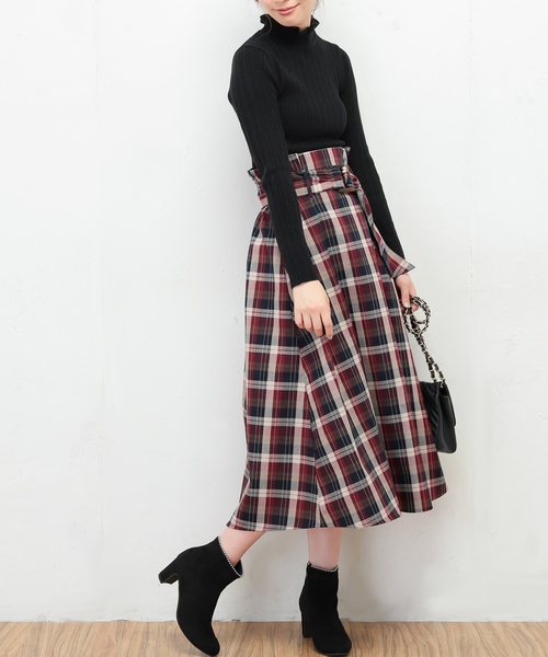 natural couture（ナチュラルクチュール）の「ハイウエストフレアチェックスカート（スカート・レディース・アイボリー/ボルドー・FREE）」の8枚目の写真